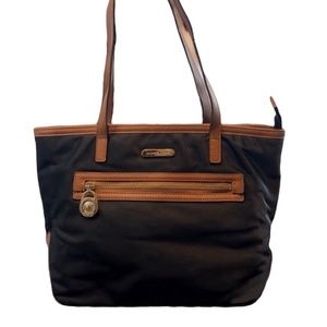 Michael Kors Kempton Tote Shoulder Bag Black Nylon Brown Leather Trim